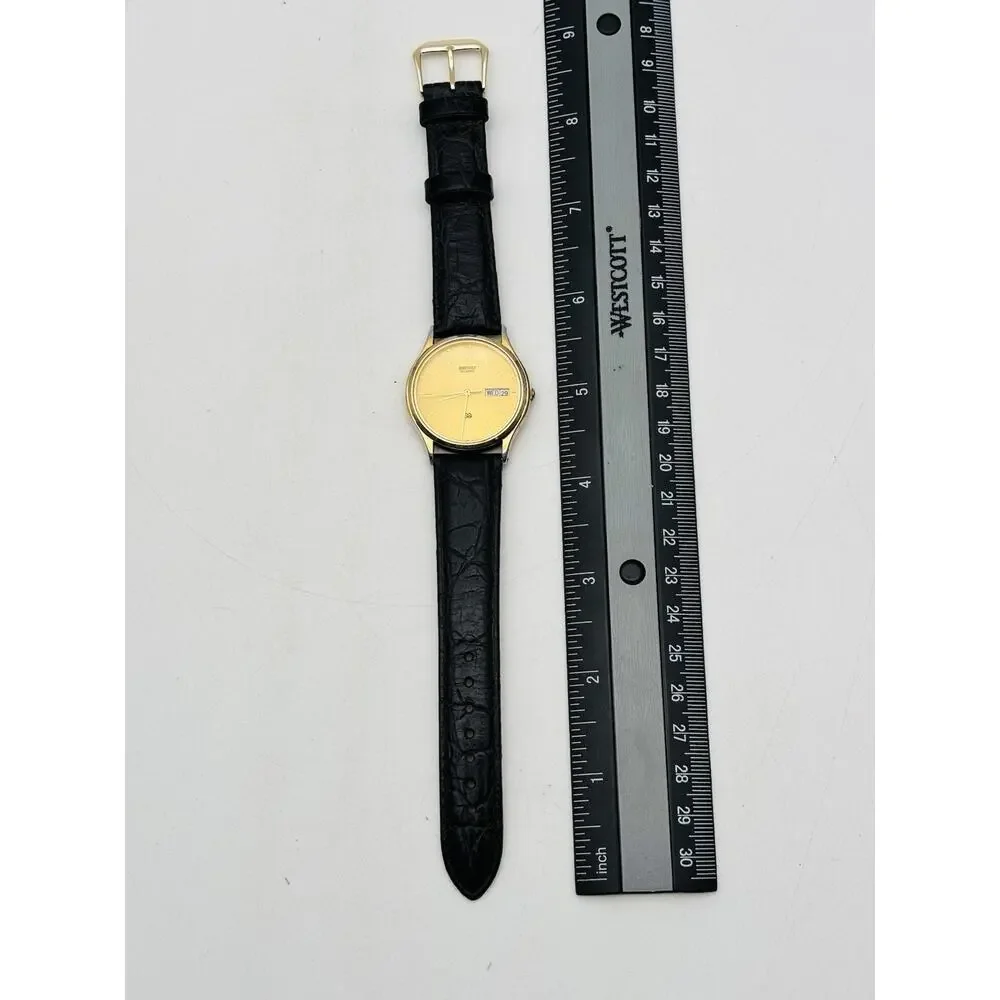Seiko SQ Watch Men 33mm Gold Dial Gold Tone Daydate Round 5H23-7B09 New Battery